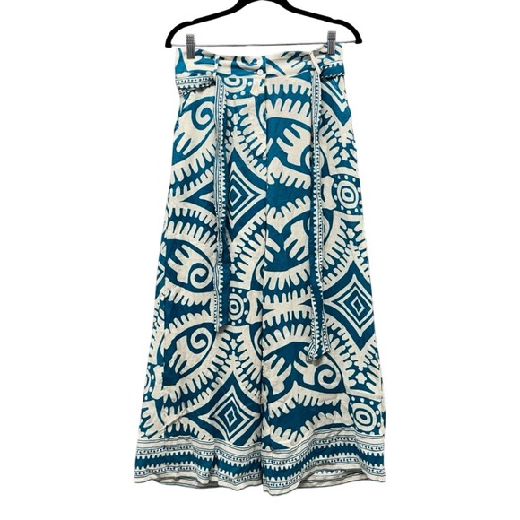 Haute Hippie Style Pants - Haute Hippie Style Linen Blend Wide Leg Tribal Print Pants Teal White Medium